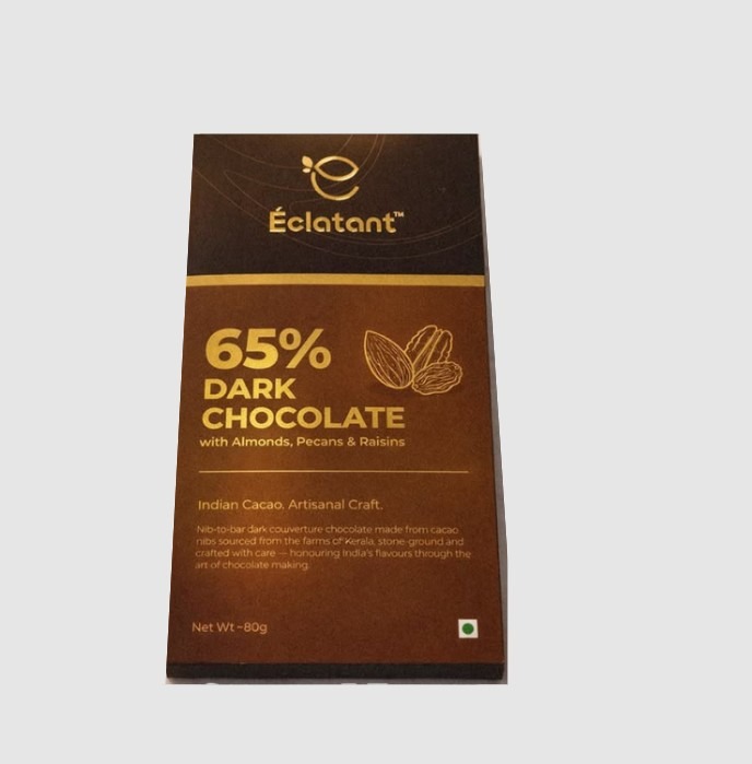 65% India, Kerala Dark with Almonds, Pecans & Raisins